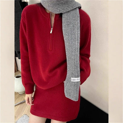Damen Strickpullover-Kleid mit hohem Kragen und Reißverschluss