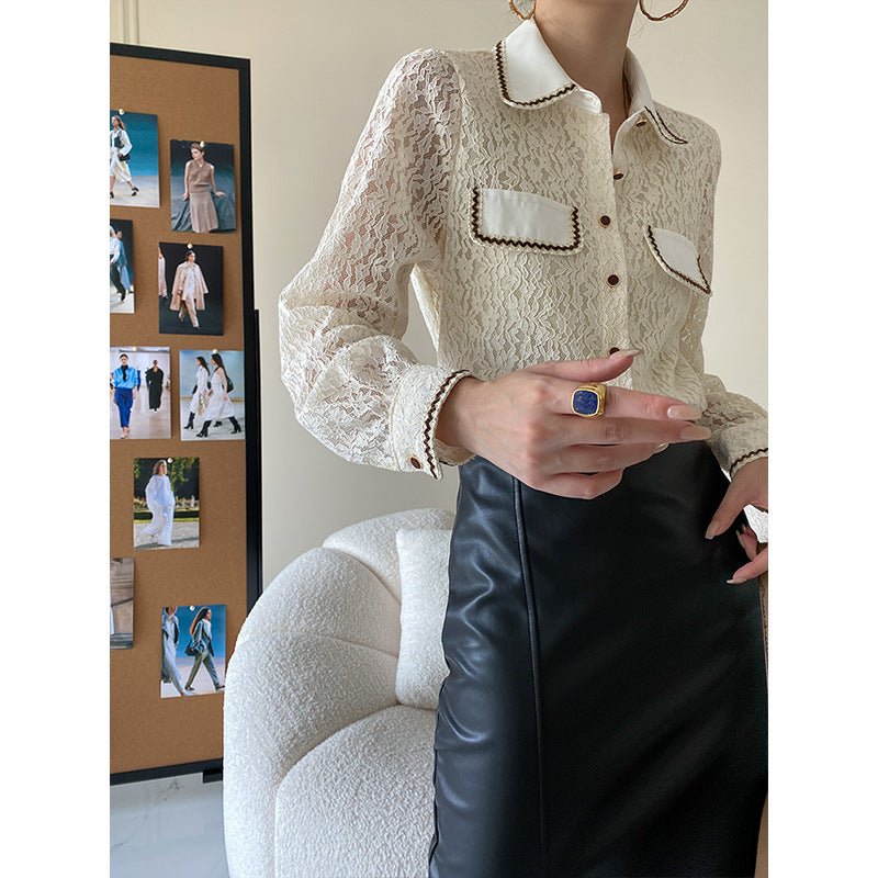 Damen Spitzenbluse mit Kontrastdetails Elegantes Design