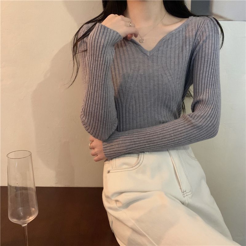Damen V-Ausschnitt Feinstrickpullover Rippstruktur