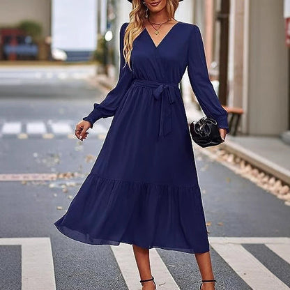 Damen Midi-Kleid V-Ausschnitt Bindegürtel Elegantes Kleid Schwarz - Norvielle