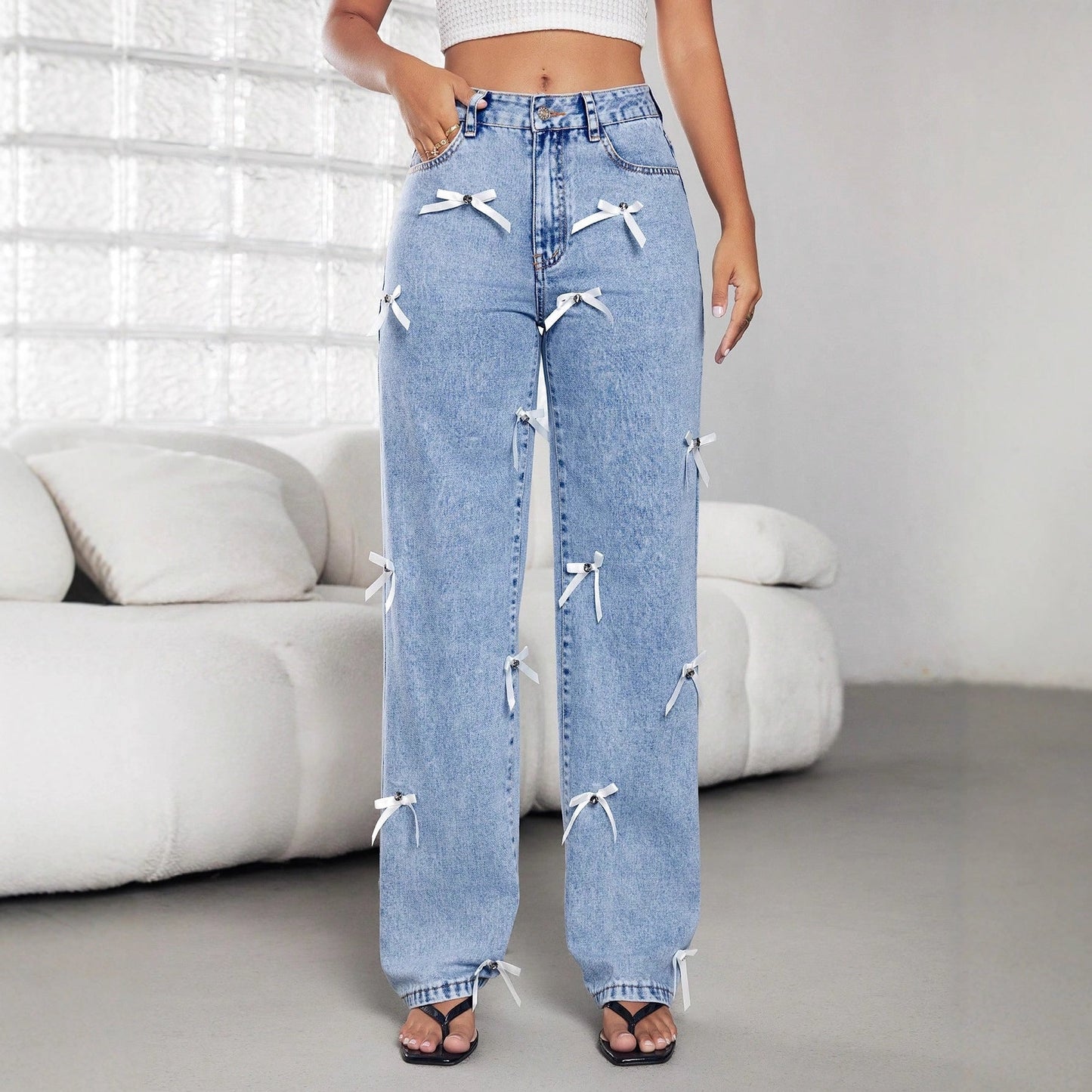 Damen Weite Jeans Dekorative Schleifen