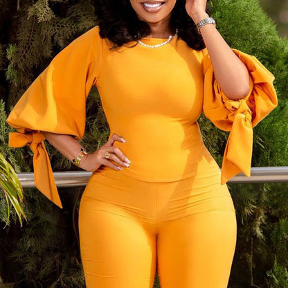 Damen Jumpsuit Trompetenärmel Bindeband