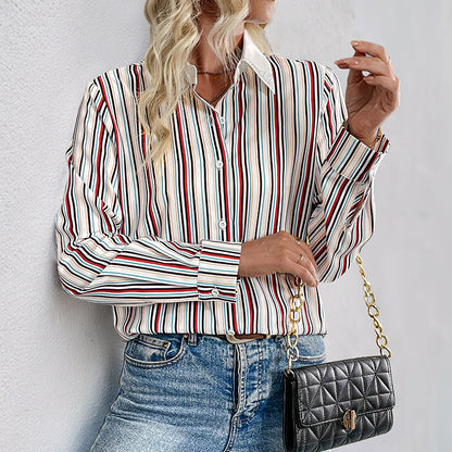 Damen Bluse Streifenmuster Eleganter Kragen Weiß
