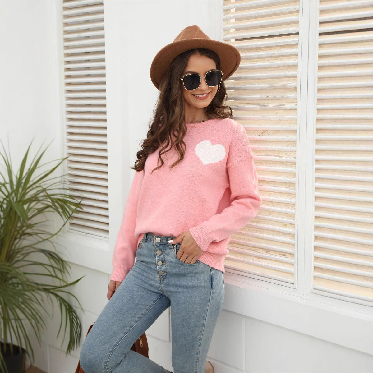 Damen Pullover Weich Herzapplikation Norvielle