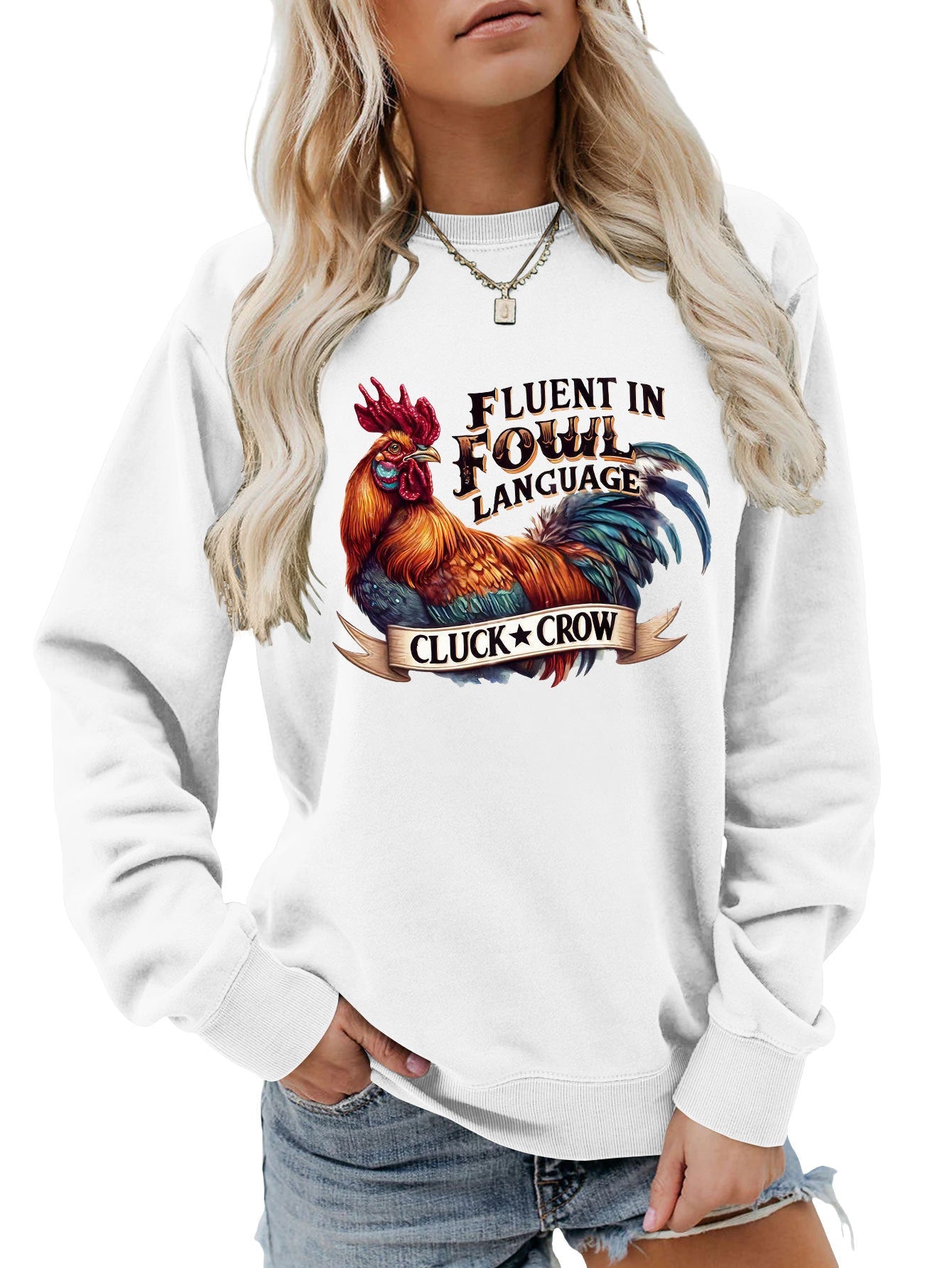 Damen Sweatshirt Hühnermotiv Bequem Grau