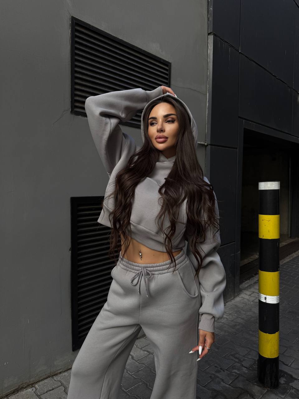 Damen Hoodie Set Weite Hose Baumwolle Beige