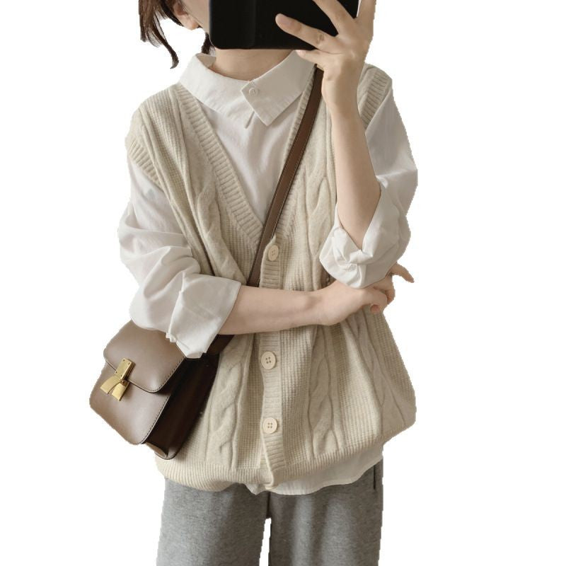 Damen Strickweste Zopfmuster Knöpfe Beige