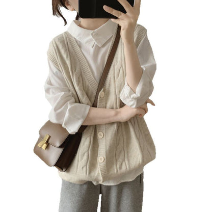 Damen Strickweste Zopfmuster Knöpfe Beige