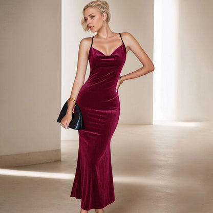 Damen Samt Maxikleid schmal Spaghettiträger Elegant