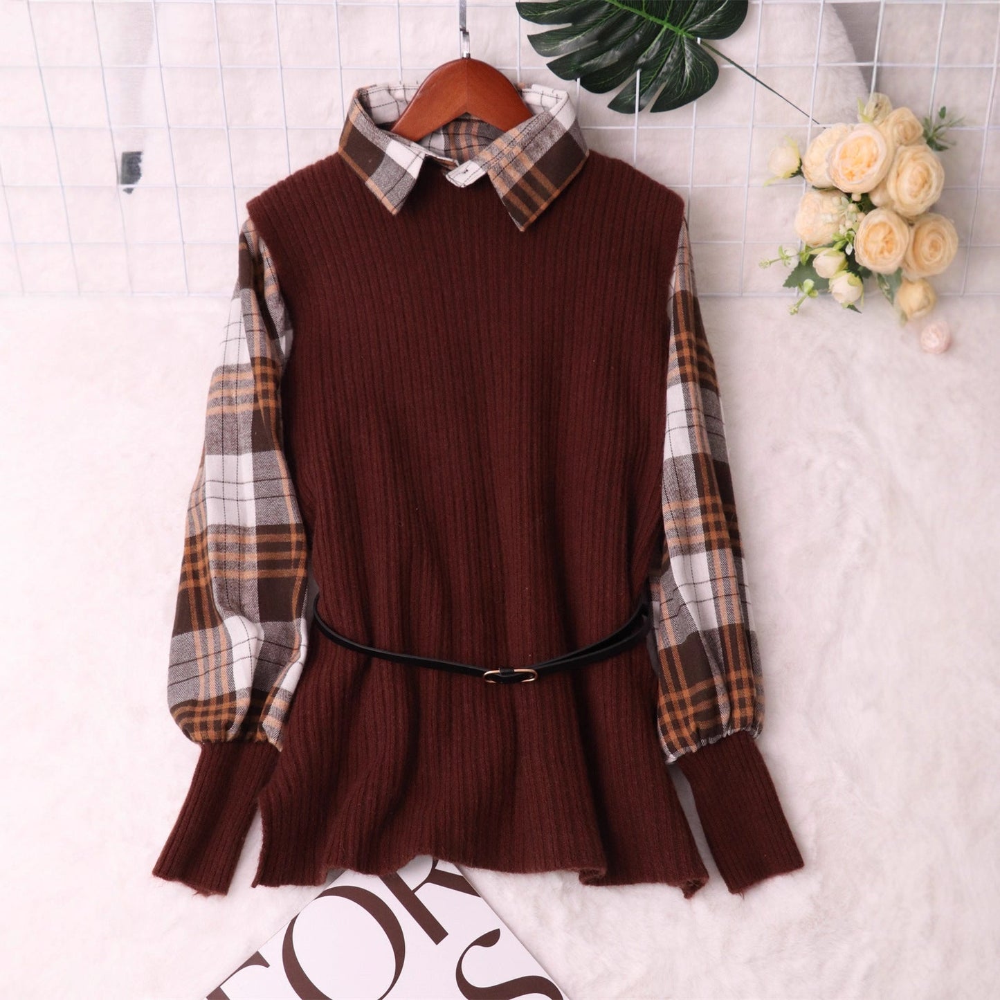 Damen Strickpullover mit Karomuster und elastischem Gürtel Norvielle