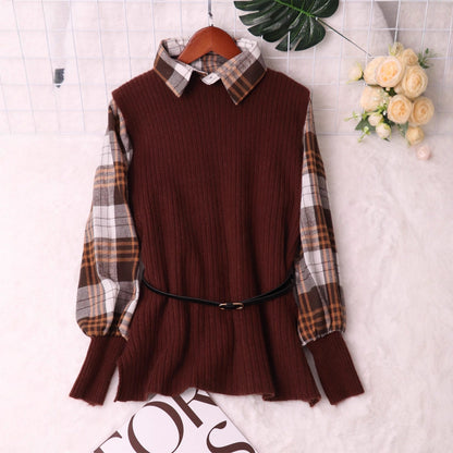 Damen Strickpullover mit Karomuster und elastischem Gürtel Norvielle