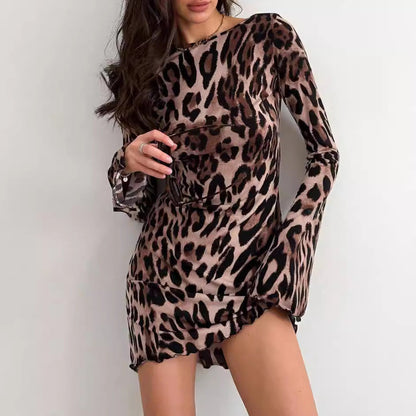 Damen Minikleid Leopardenmuster Weite Ärmel Norvielle - Norvielle