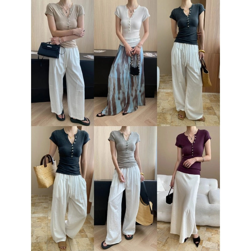 Damen Kurzarm Henley-Shirt Figurbetont Norvielle Baumwolle Weiß