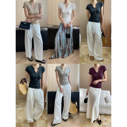 Damen Kurzarm Henley-Shirt Figurbetont Norvielle Baumwolle Weiß