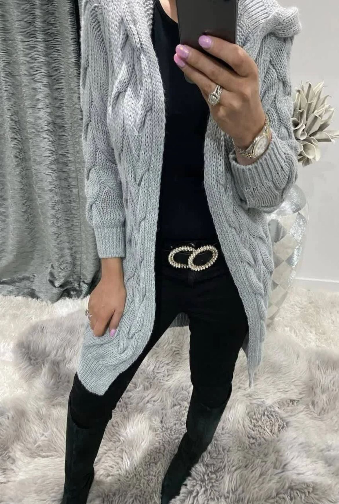 Damen Grobstrick-Cardigan mit Zopfmuster und Taschen Norvielle