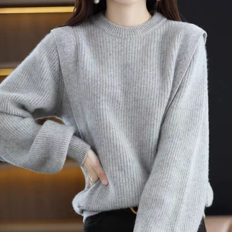 Damen Strickpullover Lässig Rippenmuster Weite Ärmel Beige