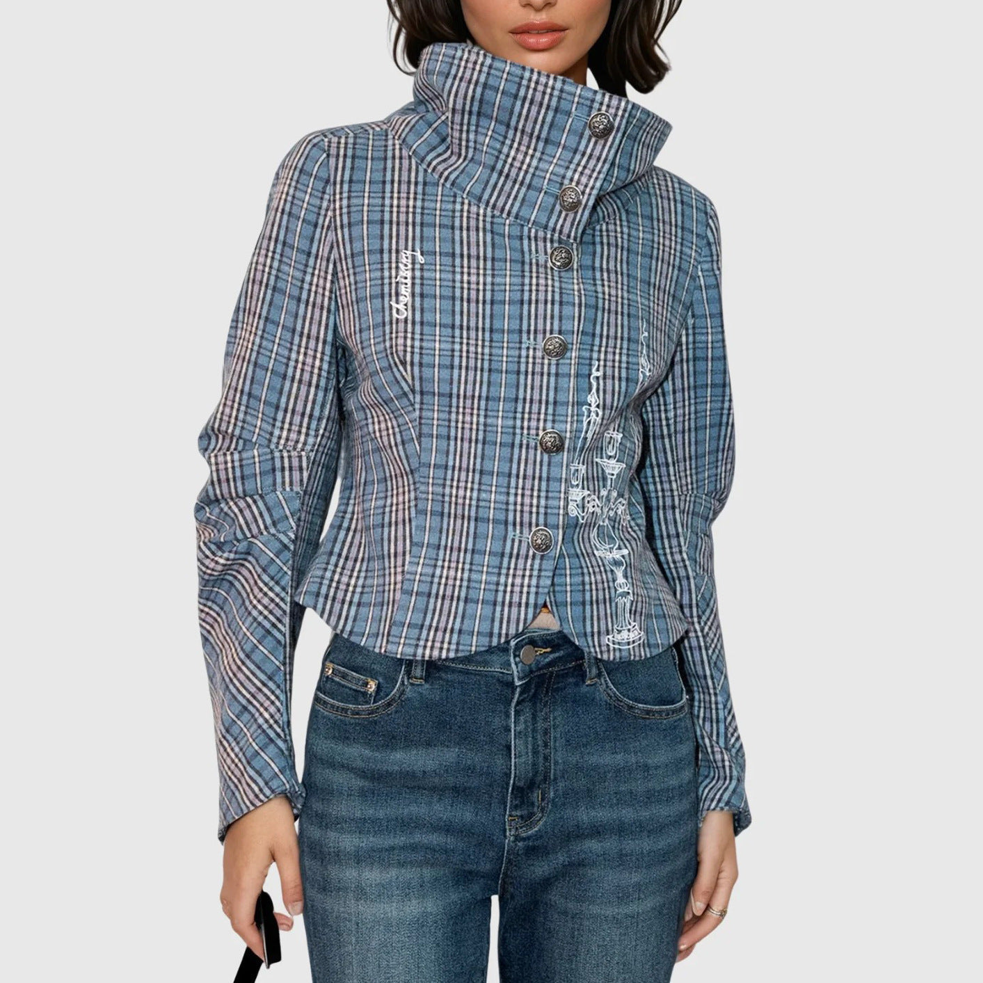 Damen Kurzjacke Kariert Knöpfe Norvielle