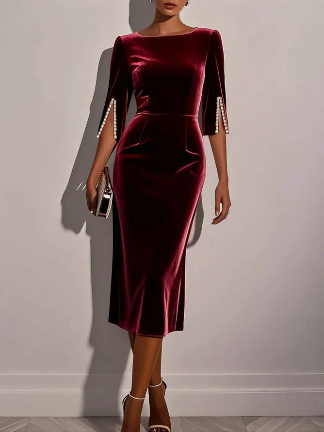 Damen Samtkleid Figurbetont Perlendetails