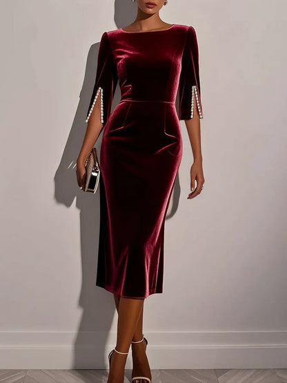 Damen Samtkleid Figurbetont Perlendetails