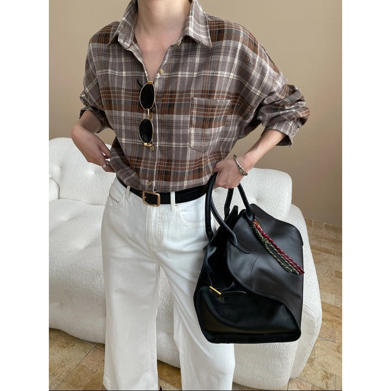Damen Overshirt Bluse Karierter Stoff Bequem Schwarz - Norvielle