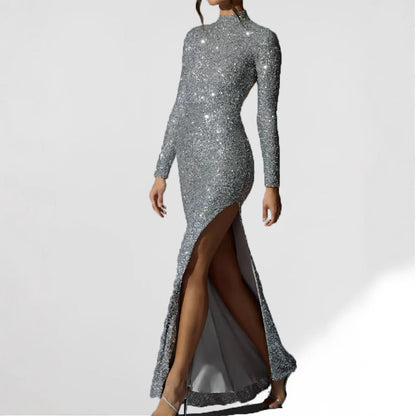 Damen Abendkleid Langarm Schimmernder Schlitz Norvielle