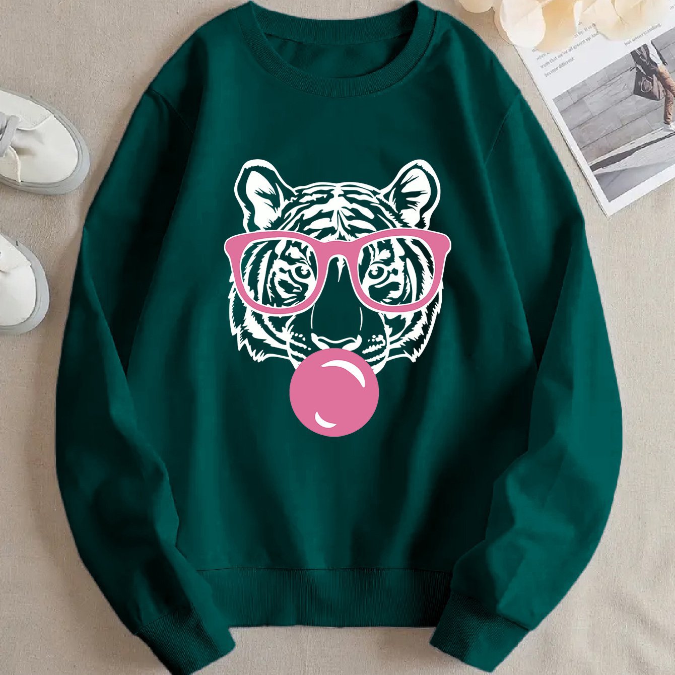 Damen Sweatshirt Tiger-Design Lässig Grau
