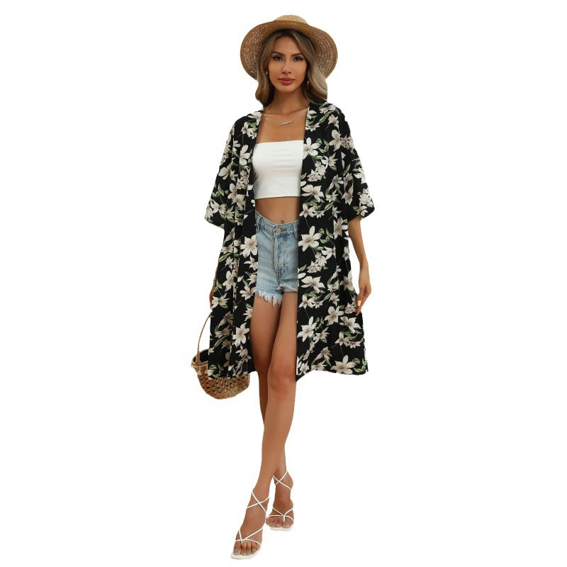 Damen Kimono Floralmuster Lässiger Schnitt Beige