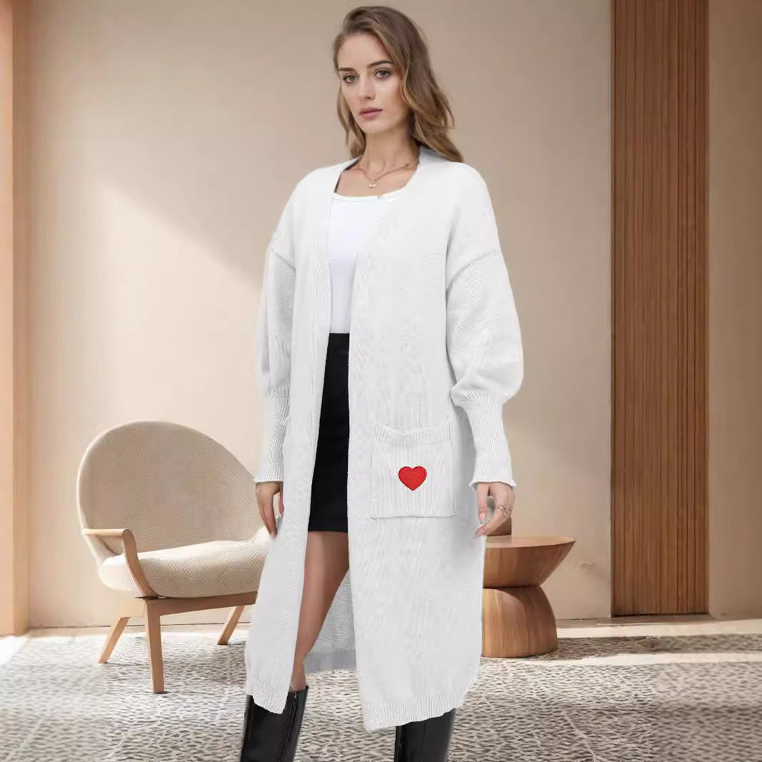 Damen Langarm Strickjacke Herzen Offene Taschen Norvielle