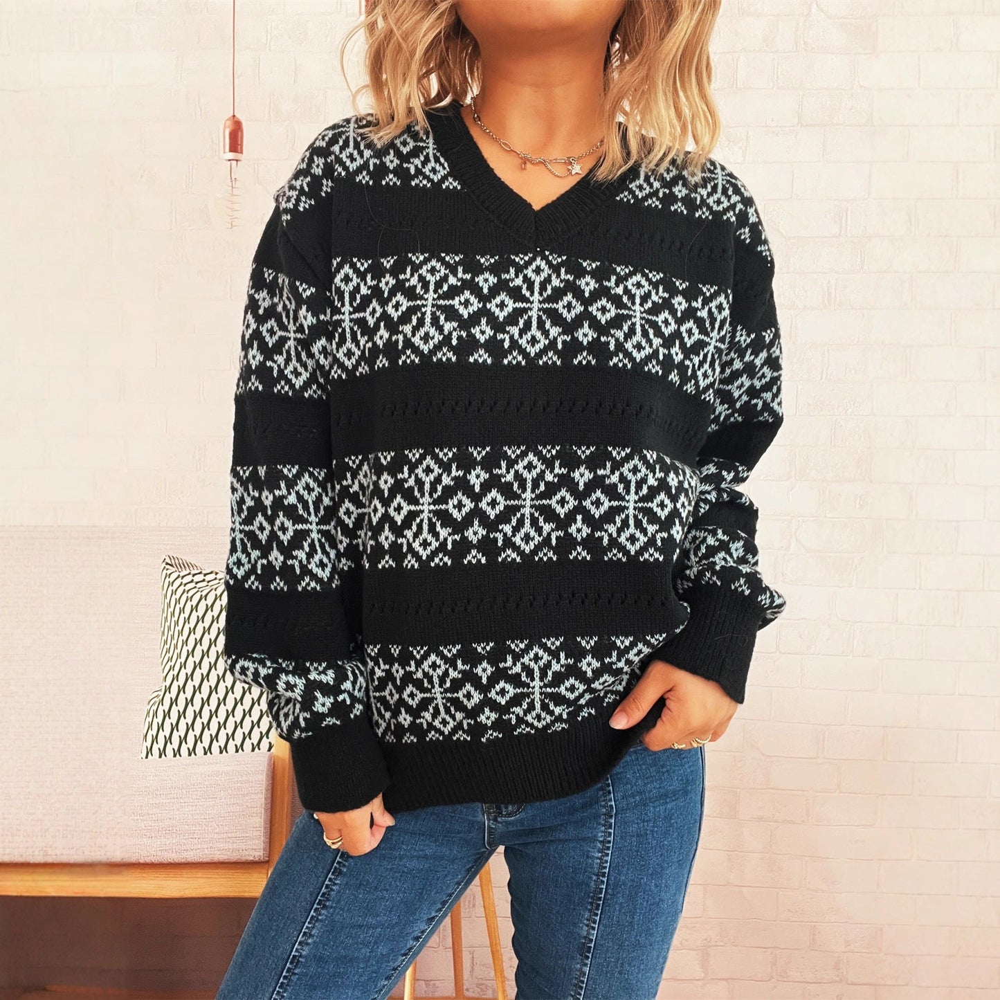 Damen Grobstrickpullover Schneeflockenmuster Norvielle