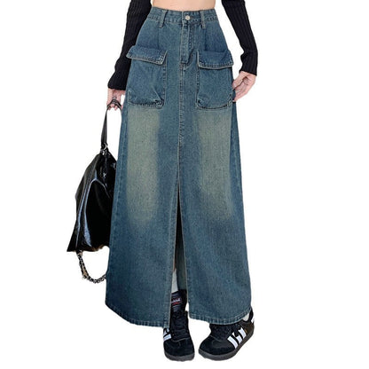 Damen Jeansrock Lang Mit Taschen