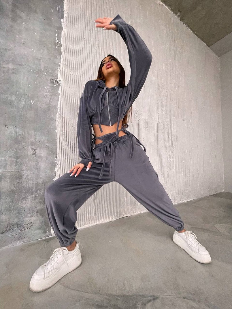 Damen Sportliches Velours-Cropped-Set mit Reißverschluss und