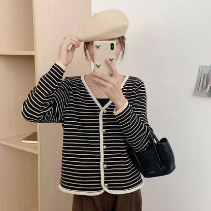 Damen Cardigan Streifen V-Ausschnitt Elegante Knöpfe