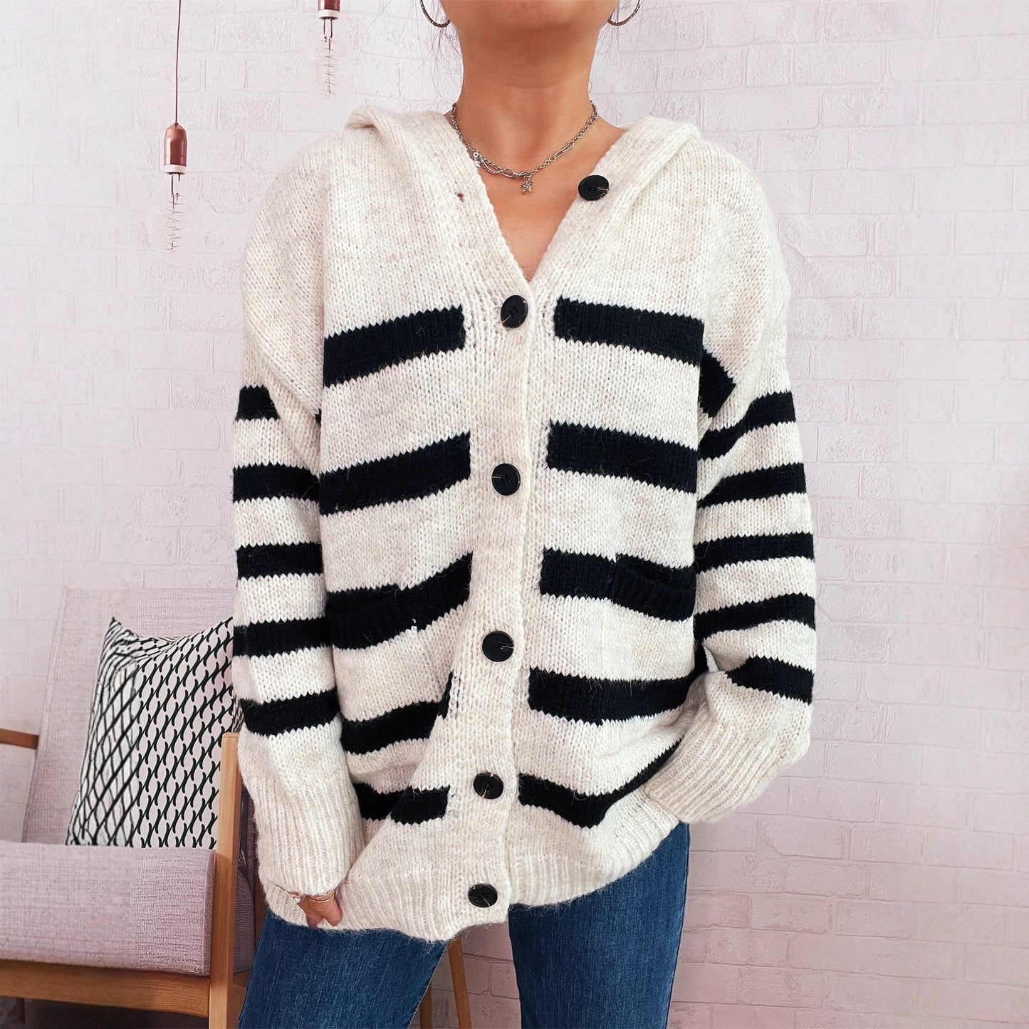 Damen Strickcardigan mit Kapuze und Streifen