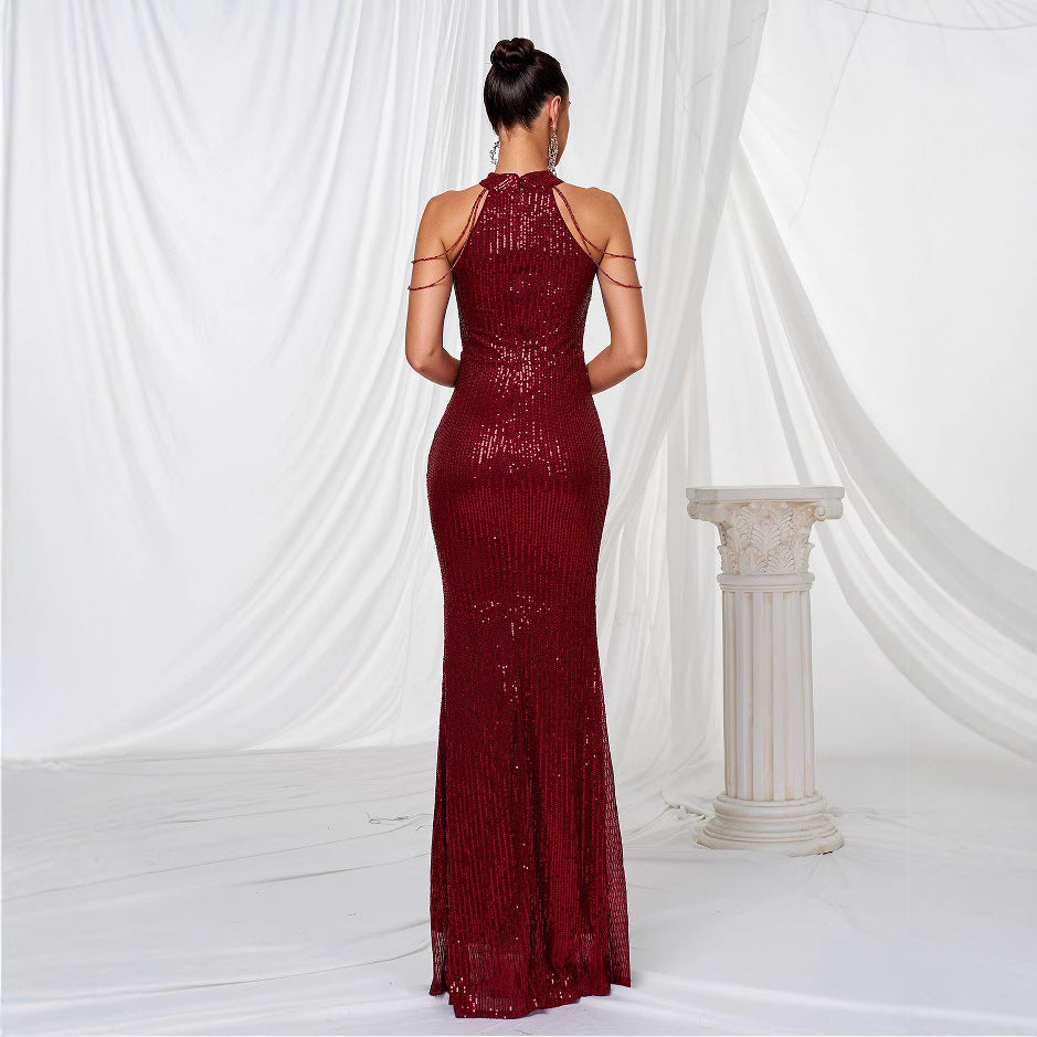 Damen Abendkleid Langarm Pailletten Hochkragen