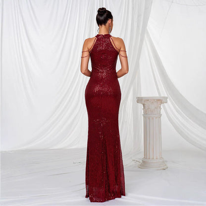 Damen Abendkleid Langarm Pailletten Hochkragen