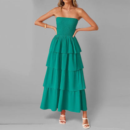 Damen Maxikleid Schulterfrei Voluminöse Rüschen