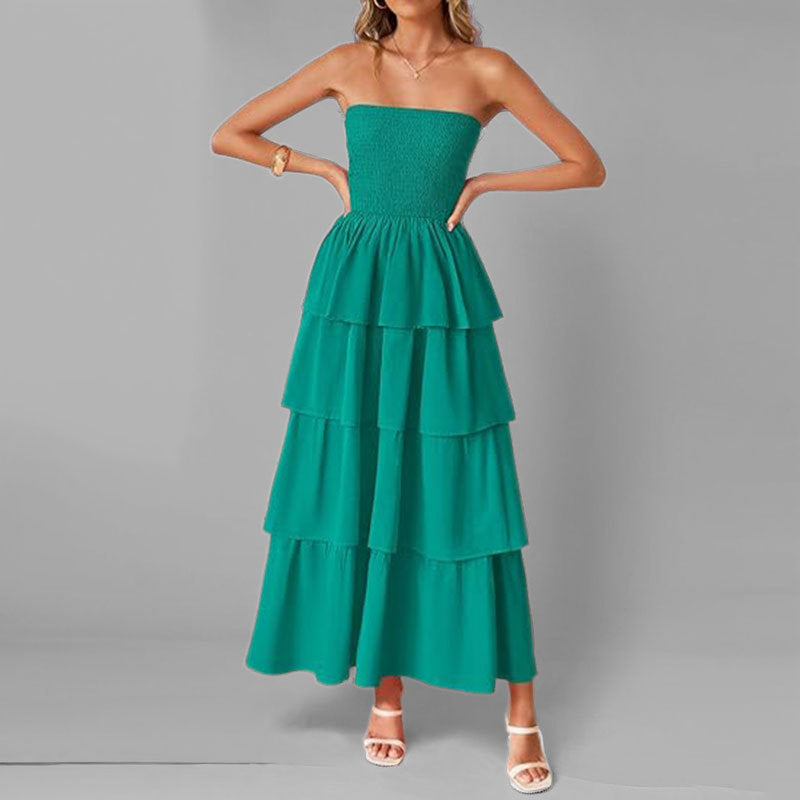 Damen Maxikleid Schulterfrei Voluminöser Stufenrock Norvielle