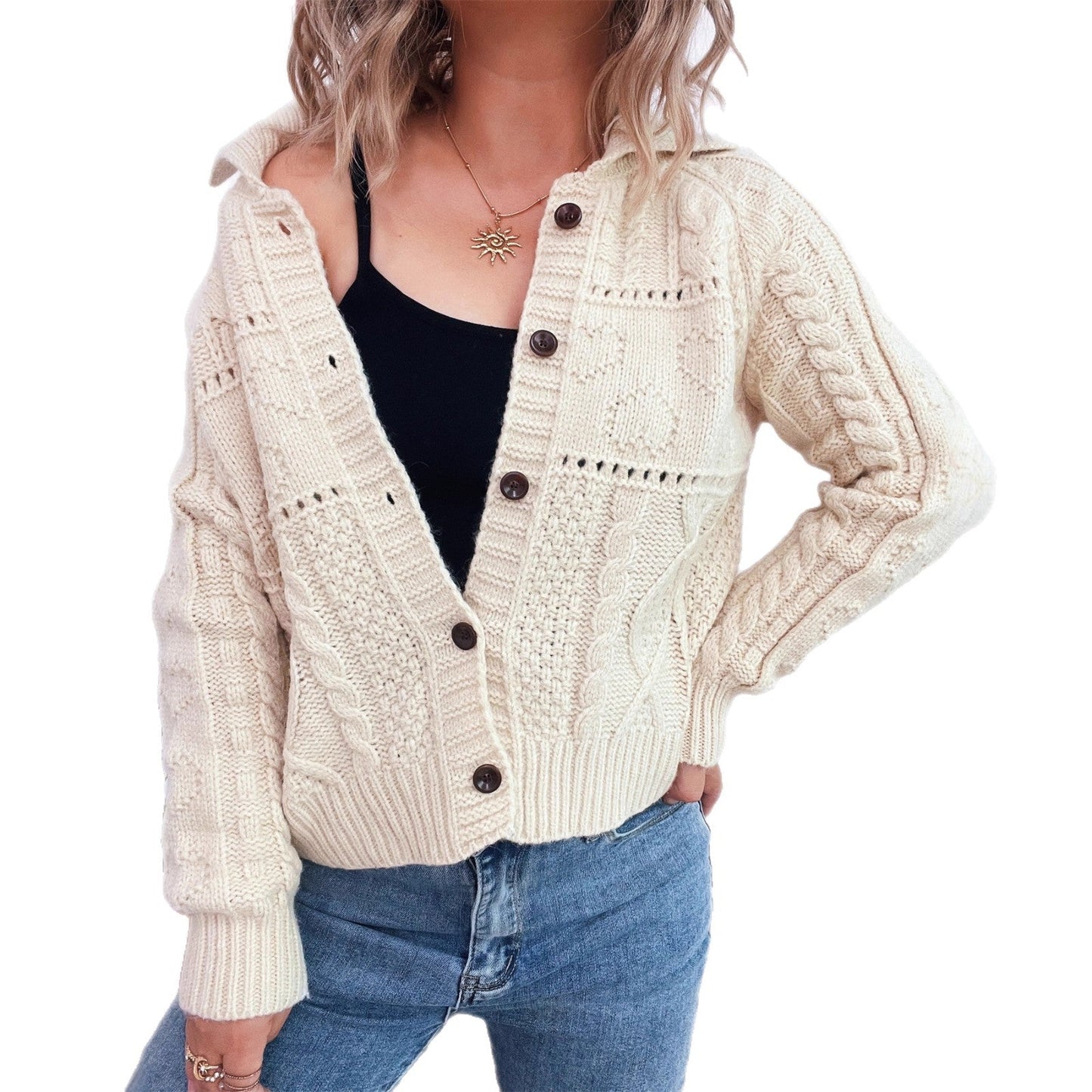 Damen Strickjacke Strukturiertes Zopfdesign Knopfverschluss Norvielle
