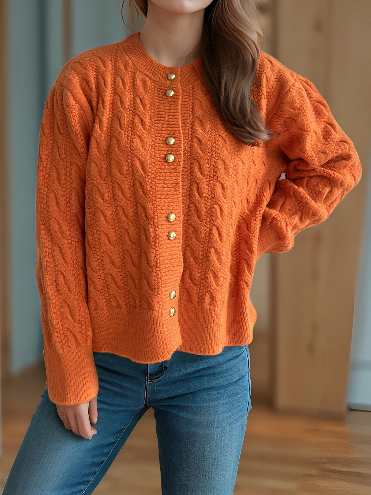Damen Grobstrickjacke Kabelmuster Dekorative Knöpfe Norvielle