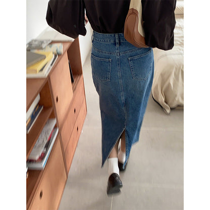 Damen Denimrock Lang modische Taschen Blau - Norvielle