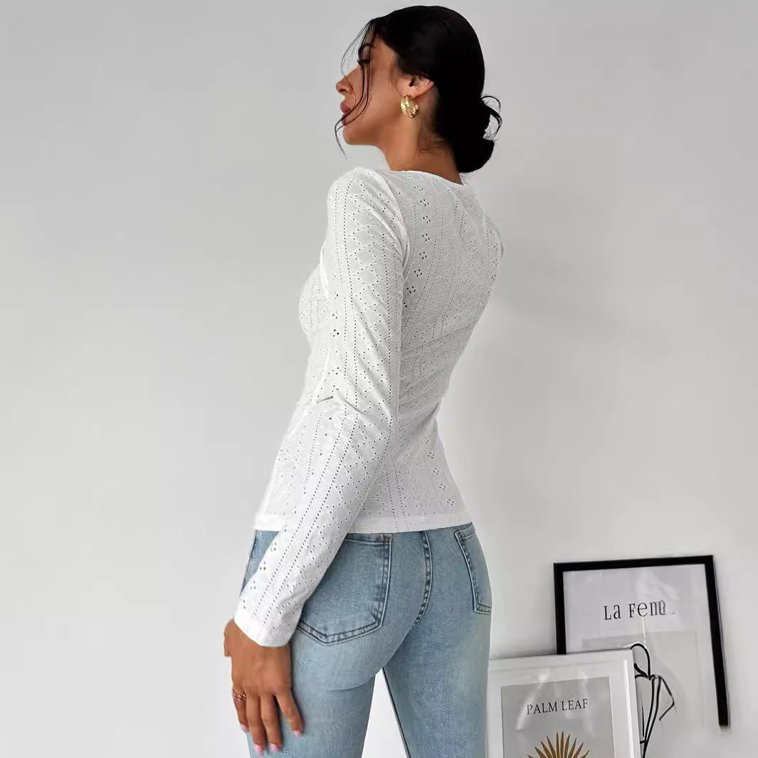 Damen Langarmshirt Baumwolle Dekorativ Cut-Out-Details Weiß