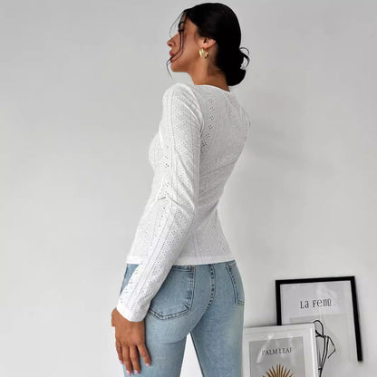 Damen Langarmshirt Baumwolle Dekorativ Cut-Out-Details Weiß