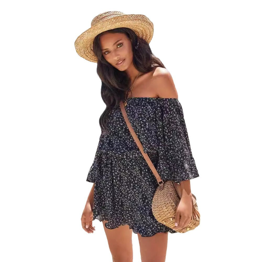 Damen Sommerkleid Off-Shoulder Rüschenärmel Elastisch Norvielle