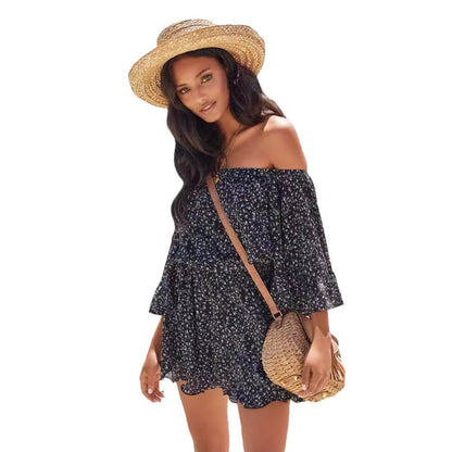 Damen Sommerkleid Off-Shoulder Rüschenärmel Elastisch Norvielle