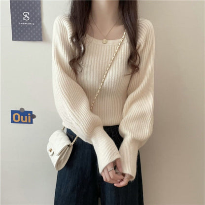 Damen Rippstrickpullover Weite Ärmel Norvielle