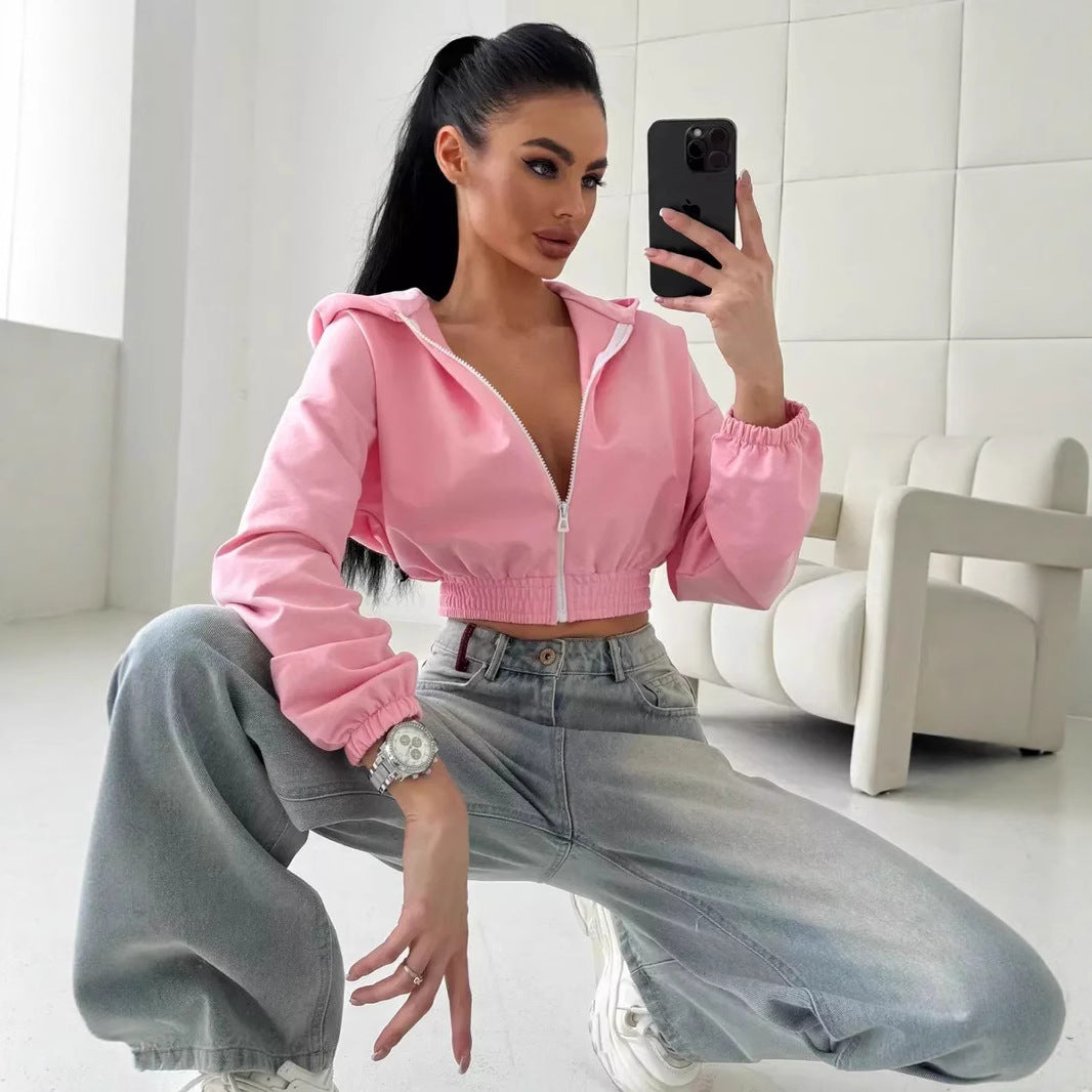 Damen Cropped Kapuzenjacke Elastischer Bund Lässiger Schnitt