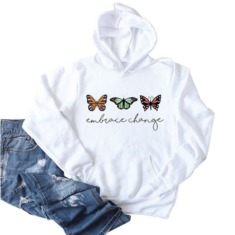 Damen Kapuzenpullover Schmetterlingsmotiv Baumwolle Weiss