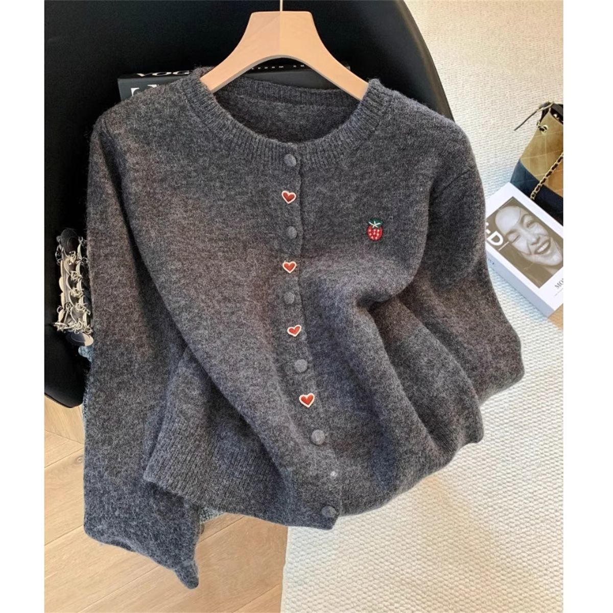 Damen Strickjacke Herz Erdbeeren Applikationen Norvielle
