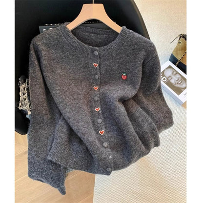 Damen Strickjacke Herz Erdbeeren Applikationen Norvielle