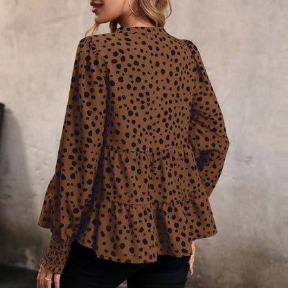 Damen Bluse aus Leinen mit Rüschendetails und Punkten Weiß
